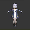3D Anime Style Character Girl With Purple Twintails Blue White Dress Yellow Decorations Open Arms