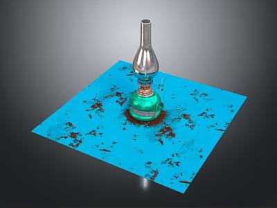 Green Glass Bottle With Silver Top On Blue Square Mat With Brown Spots 3d model