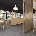 Modern Restaurant Interior With Wooden Slat Ceiling Green Pendant Light Bar Area And Dining Seats