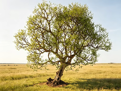 Lone Tree With Green Leaves And Spreading Branches In Open Grassland Under Blue Sky 3d model