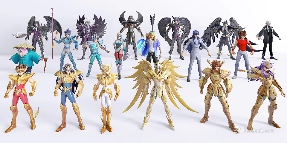 Anime Game Characters Action Figures With Golden Armor And Mythological Wings 3d model 