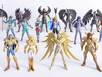 Anime Game Characters Action Figures With Golden Armor And Mythological Wings 3d model