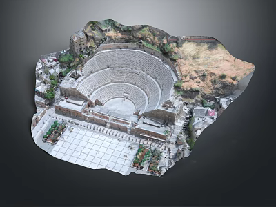 Detailed Ancient Amphitheater Model with Surrounding Buildings Greenery and Mountain Terrain 3d model