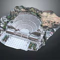 Detailed Ancient Amphitheater Model with Surrounding Buildings Greenery and Mountain Terrain