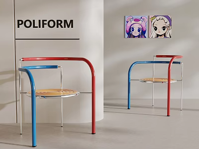 POLIFORM Modern Leisure Chairs featuring Red And Blue Metal Frames Wooden Seats and Cartoon Artwork 3d model