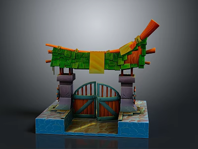 Decorative Scene Entrance Structure With Wooden Doors Stone Pillars Blue Base And Colorful Decorations 3d model