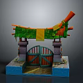 Decorative Scene Entrance Structure With Wooden Doors Stone Pillars Blue Base And Colorful Decorations