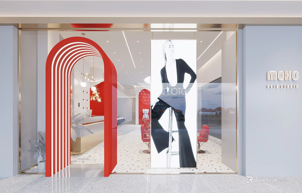 Beauty Hair Salon With Red Arched Entrance Glass Storefront And Mannequin 3d model 