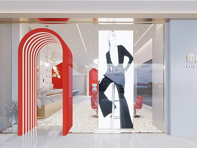 Beauty Hair Salon With Red Arched Entrance Glass Storefront And Mannequin 3d model