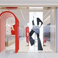 Beauty Hair Salon With Red Arched Entrance Glass Storefront And Mannequin