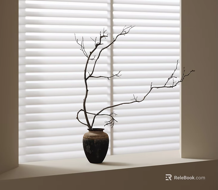 Natural Decorative Ornament Set with Vase Bare Branches and White Blinds on Window Sill 3d model 