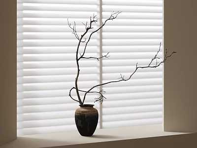 Natural Decorative Ornament Set with Vase Bare Branches and White Blinds on Window Sill 3d model