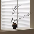 Natural Decorative Ornament Set with Vase Bare Branches and White Blinds on Window Sill