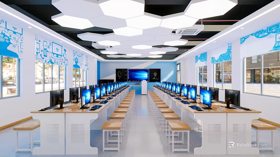 School Computer Classroom With Hexagonal Lights Blue Decor Rows Of Computers And Large Screen 3d model