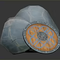 Round Wooden Shield With Blue Decorative Pattern And Gemstone Beside Textured Stones