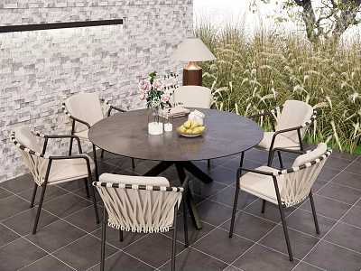 Outdoor Patio Round Table With Woven Chairs Brick Wall Table Lamp And Greenery 3d model