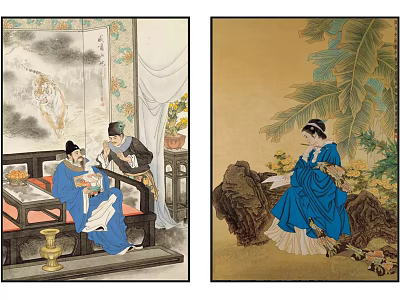 Traditional Chinese Figure Paintings Depicting Ancient Characters in Classic Attire with Natural and Interior Scenes 3d model