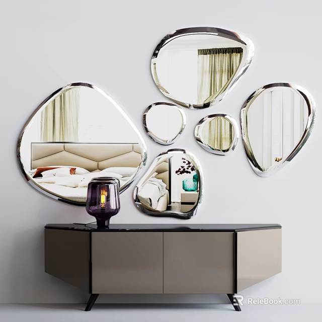 Modern TV Stand With Irregular Shaped Mirrors And Decorative Table Lamp 3d model 