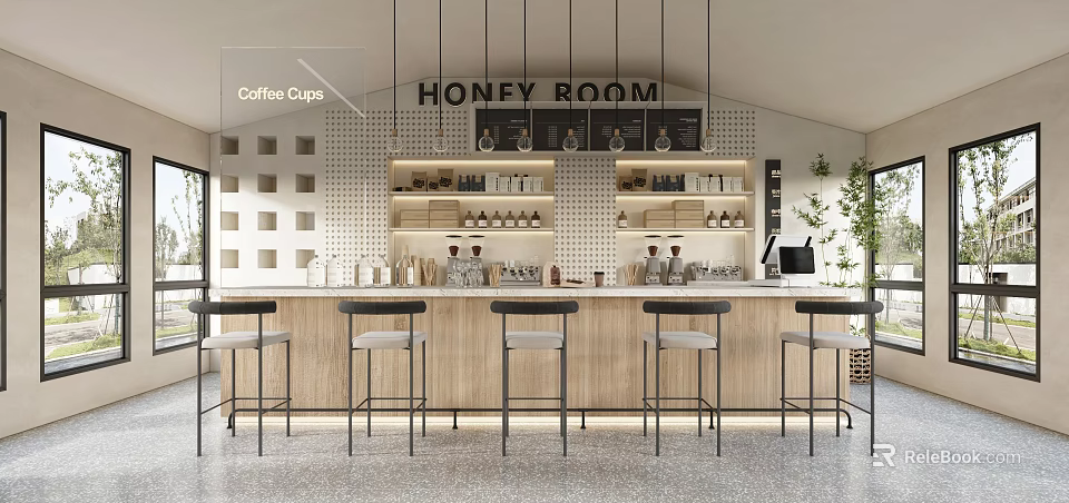 Honey Room Cafe Modern Interior With Bar Counter Stools Coffee Cups And Hanging Lights 3d model 