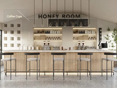 Honey Room Cafe Modern Interior With Bar Counter Stools Coffee Cups And Hanging Lights 3d model
