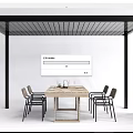 Modern Pergola With Wooden Dining Table Black Metal Frame And Brick Wall