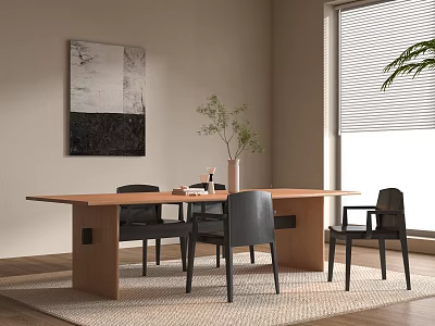 Modern Wooden Dining Table With Black Chairs Abstract Wall Art And Green Plant 3d model