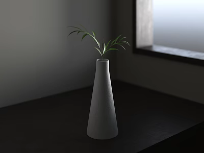 White Conical Vase With Green Leaves On Dark Wooden Tabletop Against Gray Wall And Window 3d model