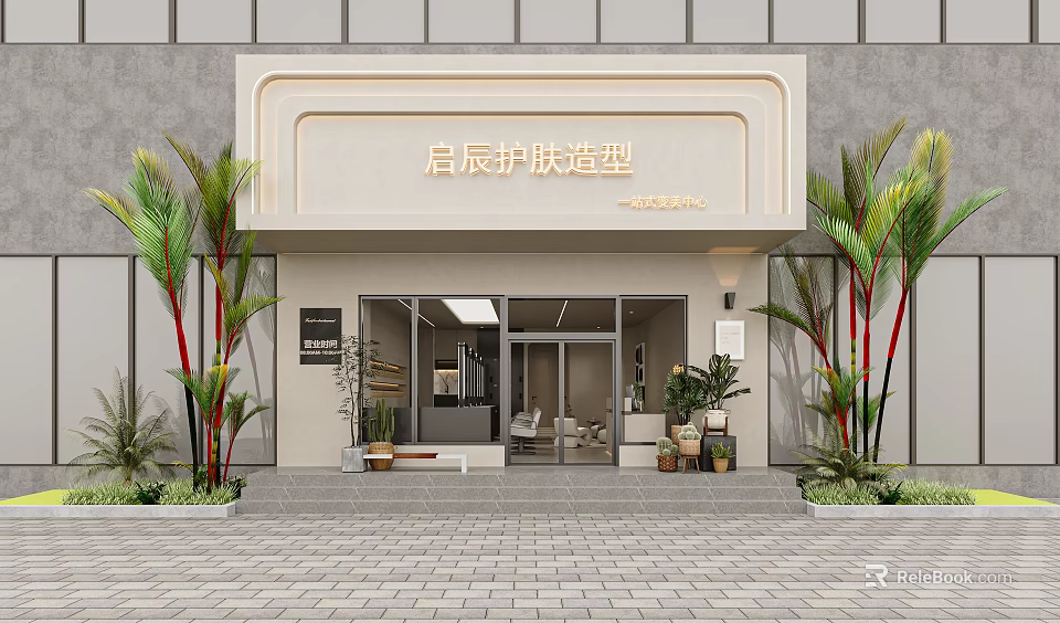 Modern Minimalist Beauty Hair Salon Storefront With Soft Lighting And Elegant Outdoor Greenery Decoration 3d model 