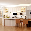 Modern Restaurant Interior With Open Kitchen White Cabinets Marble Island Dining Table Beige Chairs