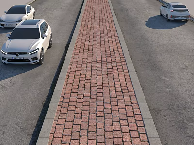 Urban Road Infrastructure Featuring Red Brick Pavement And Parked Cars On Sides 3d model