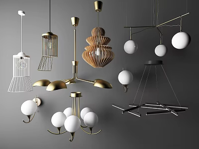 Stylish Pendant Lights Collection Featuring Gold Metal Wooden Geometric And Spherical Designs 3d model