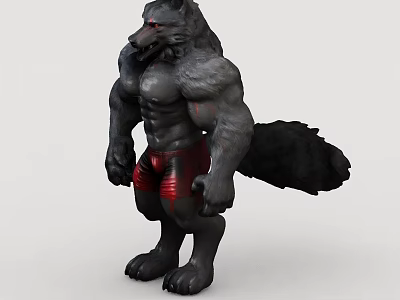 Muscular Gray Fur Wolf Creature With Red Shorts And Black Tail 3D Design 3d model