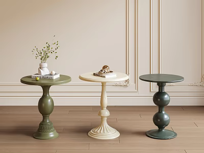 Stylish Round Top Side Tables With Decorative Bases In Green Cream Dark Teal 3d model