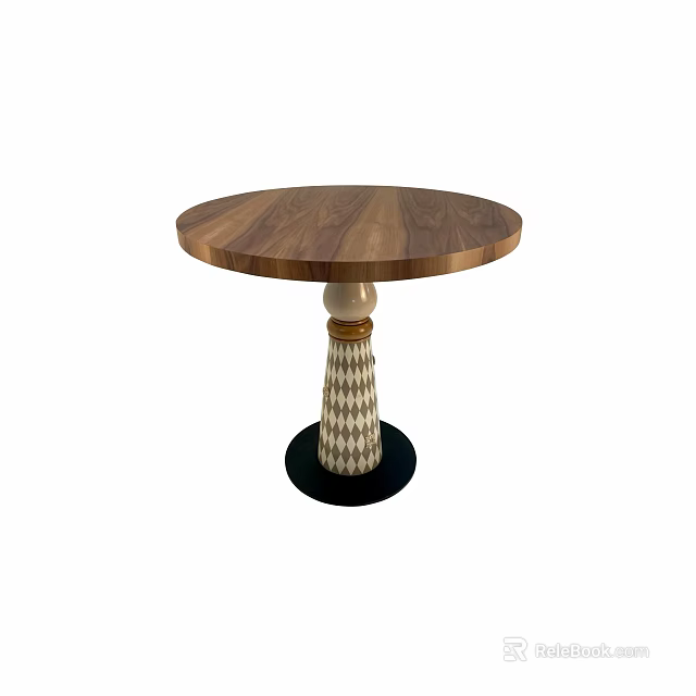 Stylish Round Wooden Dining Table With Geometric Patterned Pedestal Base 3d model