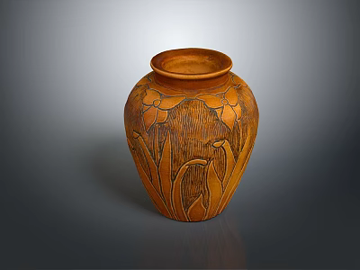 Handcrafted Pottery Vase With Carved Floral Plant Patterns On Surface 3d model