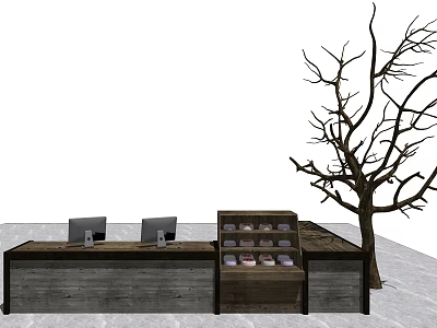 Wooden Reception Desk With Two Computers Display Shelf And Decorative Tree 3d model