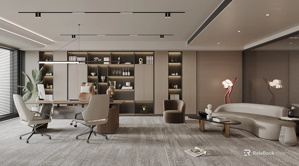 Modern Office Interior Design With Office Desk Chairs Bookshelves And Sofa Carpet 3d model 