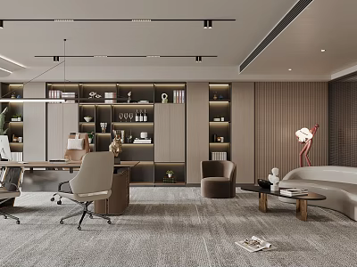 Modern Office Interior Design With Office Desk Chairs Bookshelves And Sofa Carpet 3d model