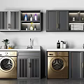 Modern Double Vanity with Washer and Storage Cabinets in Gold Gray Design