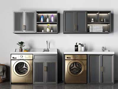 Modern Double Vanity with Washer and Storage Cabinets in Gold Gray Design 3d model