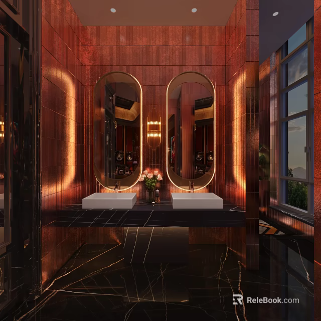 Modern Public Restroom Interior Design With Double Oval Mirrors And Illuminated Sinks 3d model 