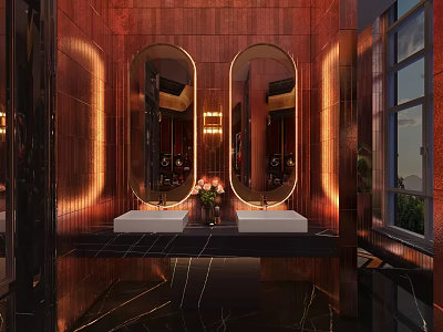 Modern Public Restroom Interior Design With Double Oval Mirrors And Illuminated Sinks 3d model