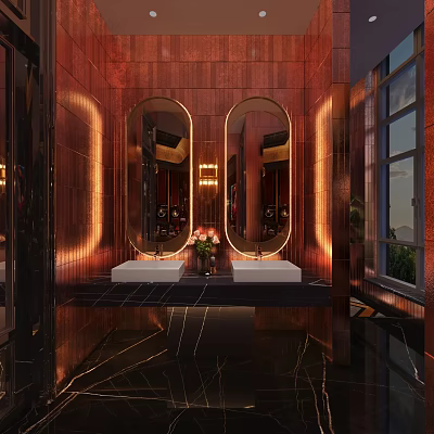 Modern Public Restroom Interior Design With Double Oval Mirrors And Illuminated Sinks 3d model