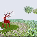 Green And Pink Flowering Bushes In Garden With Red Deer Sculpture Grass And Flowers