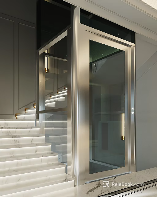 Modern Stainless Steel Elevator With Glass Doors And Marble Stairs Interior 3d model 