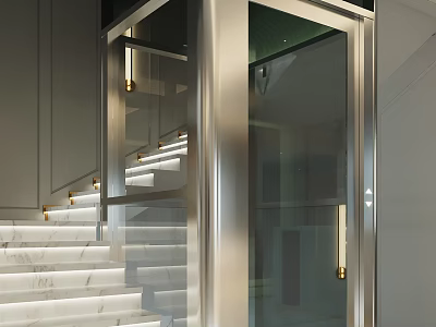 Modern Stainless Steel Elevator With Glass Doors And Marble Stairs Interior 3d model