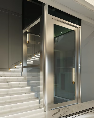 Modern Stainless Steel Elevator With Glass Doors And Marble Stairs Interior 3d model Modern Stainless Steel Elevator With Glass Doors And Marble Stairs Interior 3d model