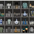 Diverse Ceramic Vessels on Grid Shelves with Various Colors Patterns Assorted Shapes and Vases Jars