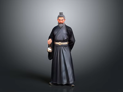 A Man In Traditional Ancient Robes With Topknot Holding Decorative Belt And Object 3d model