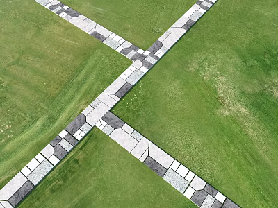 Cross Style Garden Pathway Featuring Stone Slabs On Lush Green Lawn 3d model